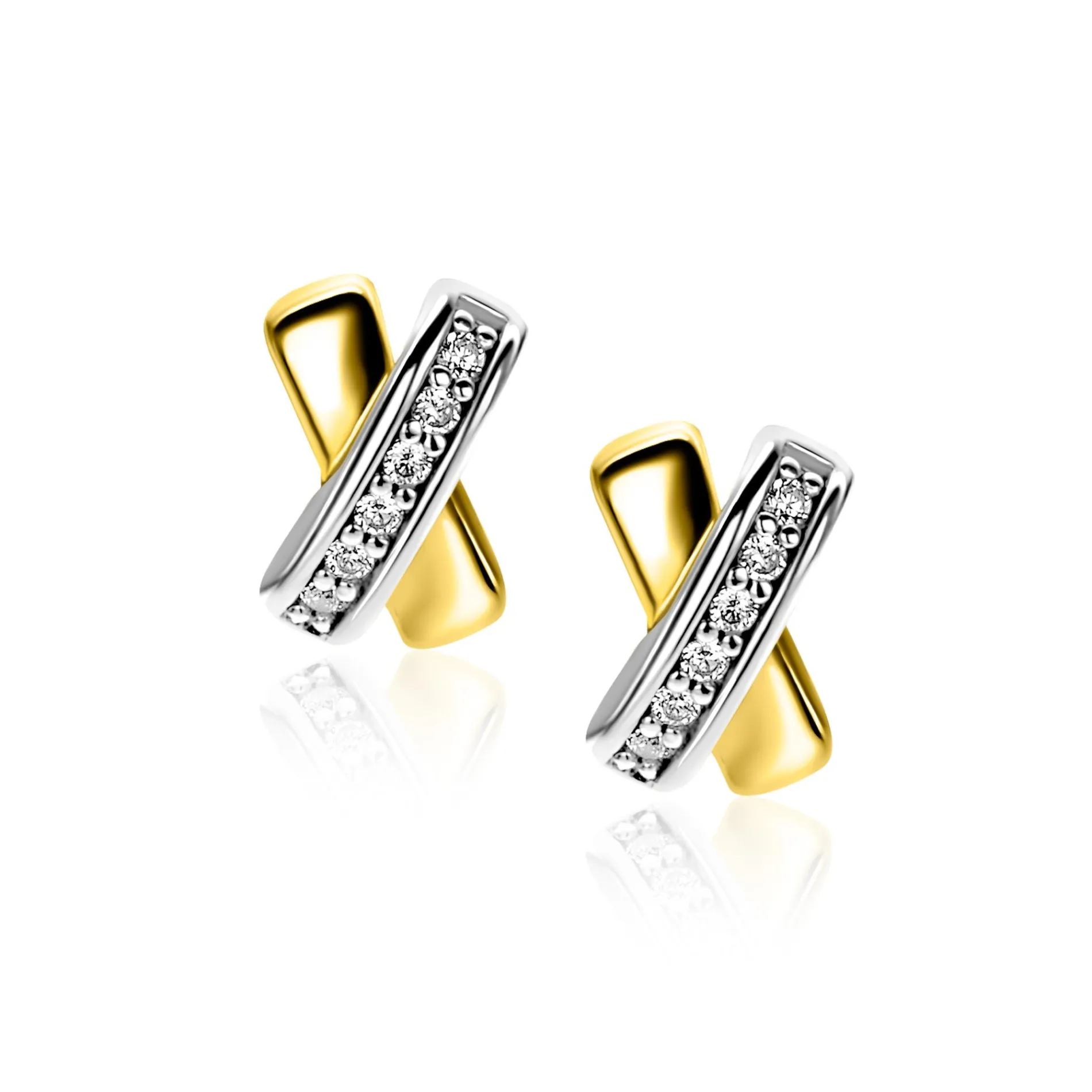 8 mm ZINZI gold plated zilveren oorknoppen kruislings wit ZIO1816Y