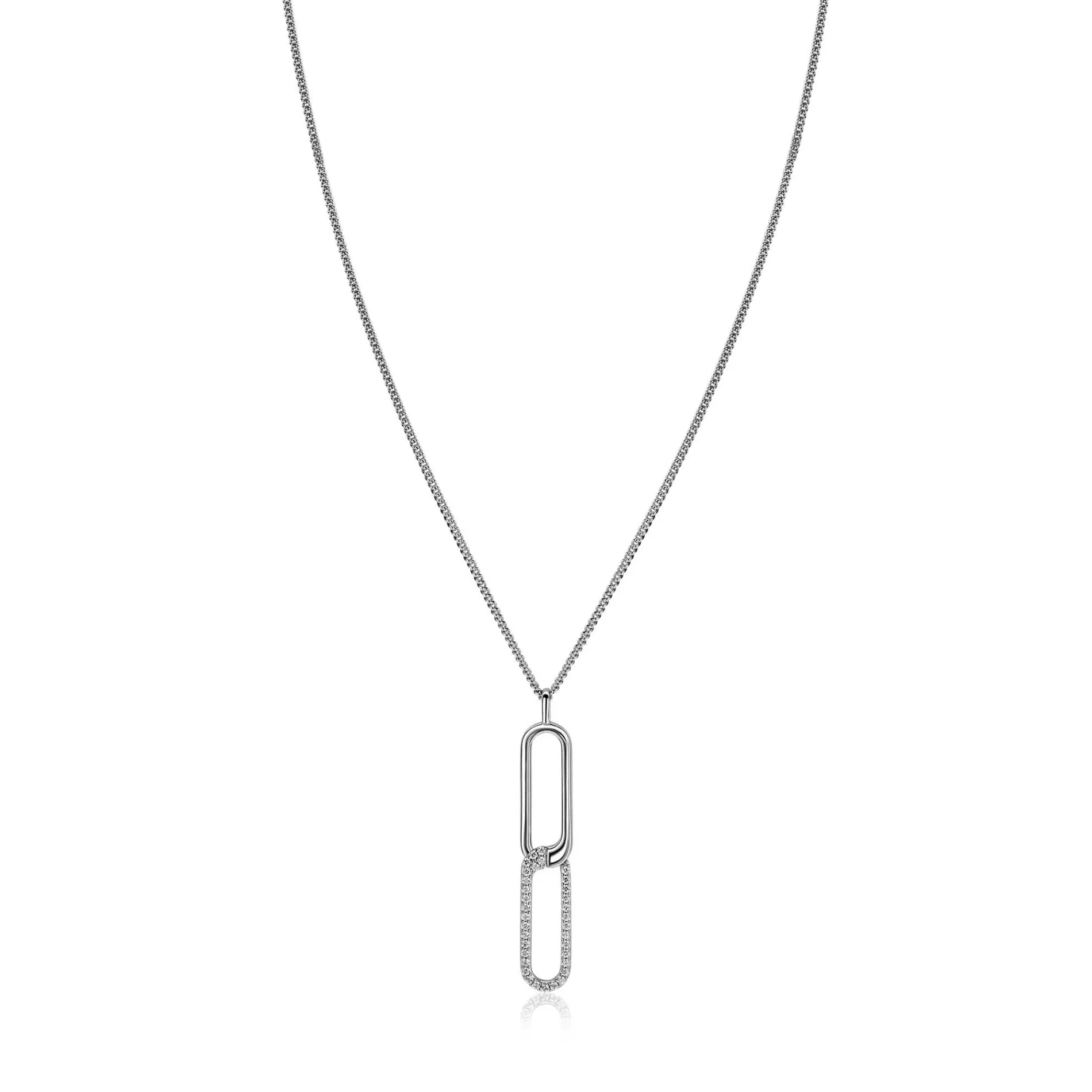 45cm Mart Visser by ZINZI zilveren gourmet ketting inclusief rechthoekige schakel hanger 40mm, bezet met witte zirkonia's MVC28