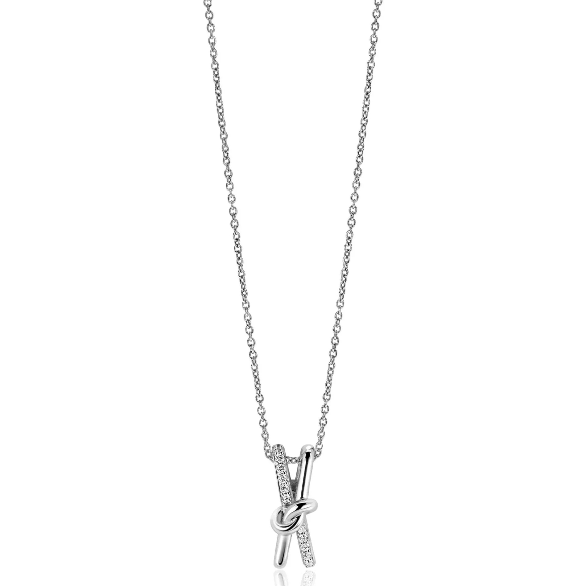 45cm ZINZI zilveren ketting met cross-over hanger 19mm met knoop, bezet met witte zirconia's ZIC2505