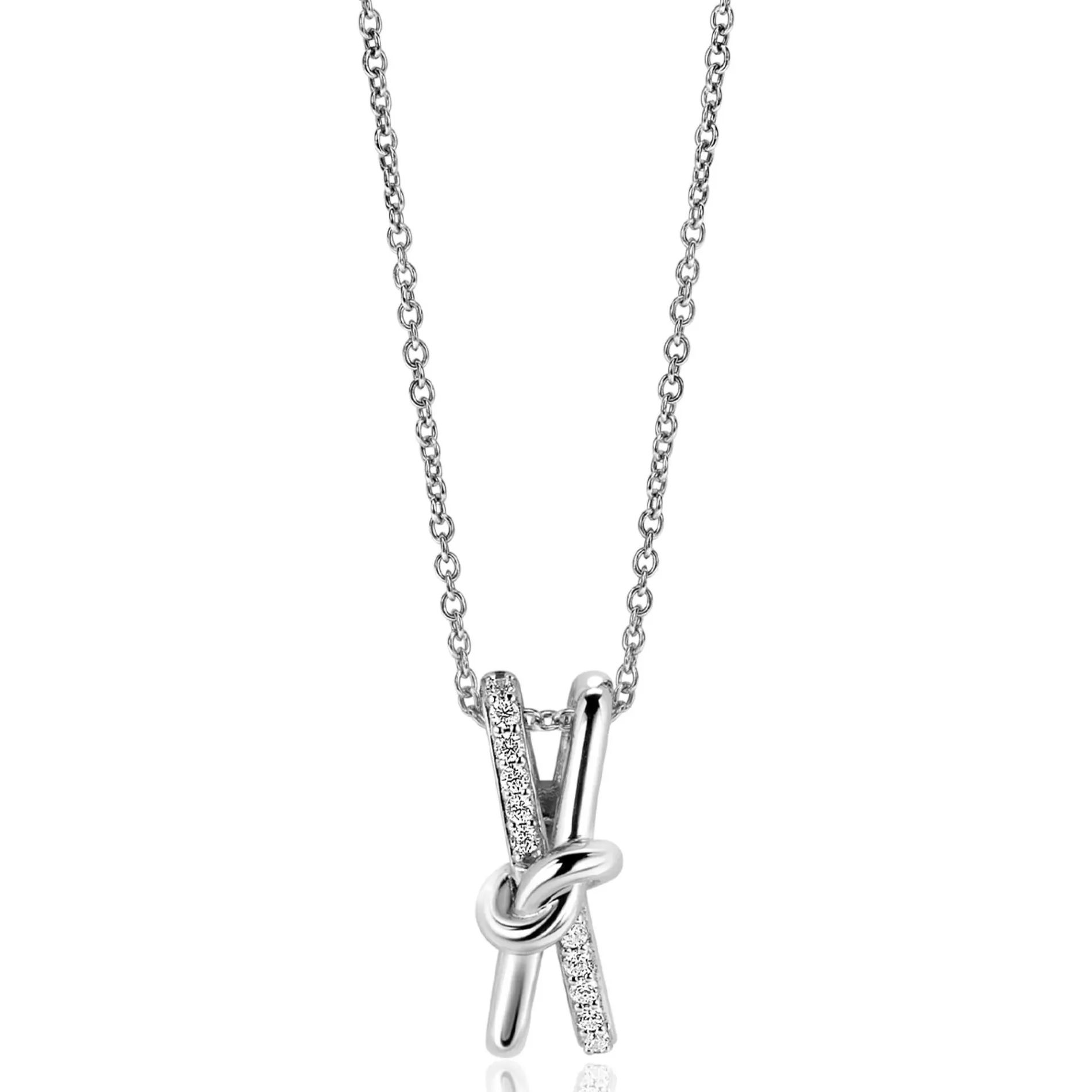 45cm ZINZI zilveren ketting met cross-over hanger 19mm met knoop, bezet met witte zirconia's ZIC2505