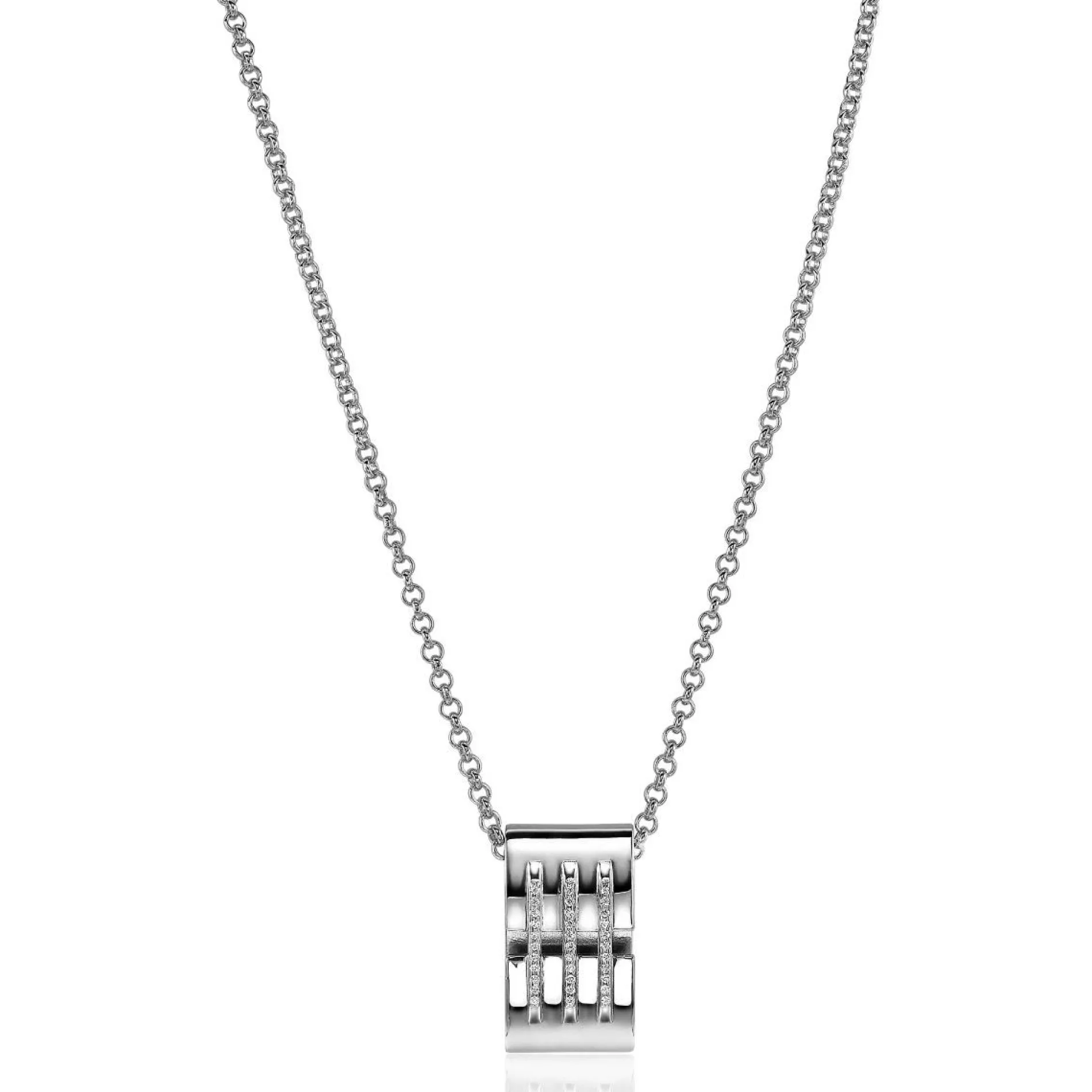 Mart Visser by ZINZI zilveren ketting 45cm met strakke rechte hanger, drie banen bezet met witte zirconia's MVC18