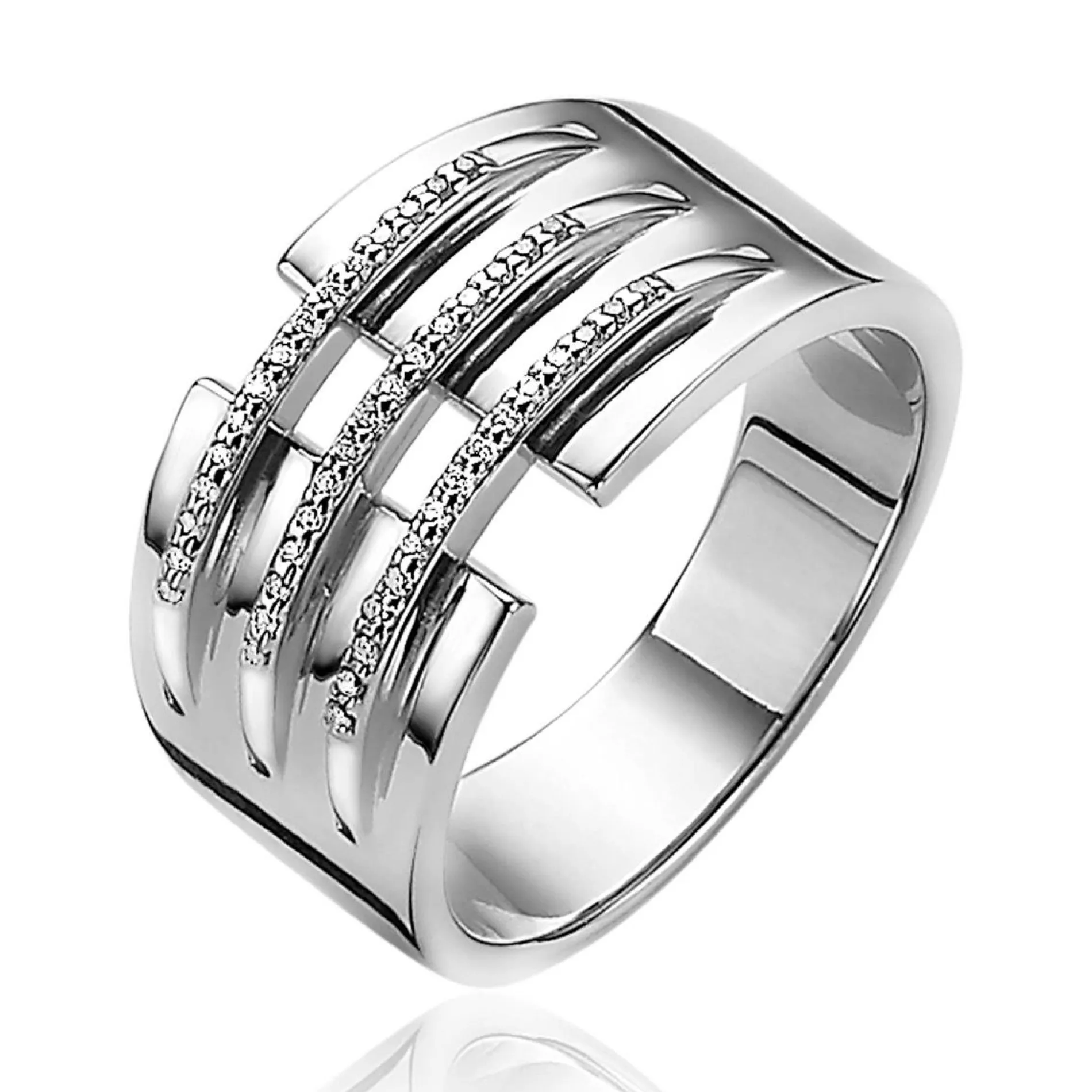 Mart Visser by ZINZI zilveren ring 11mm breed met drie banen bezet met witte zirconia's MVR18