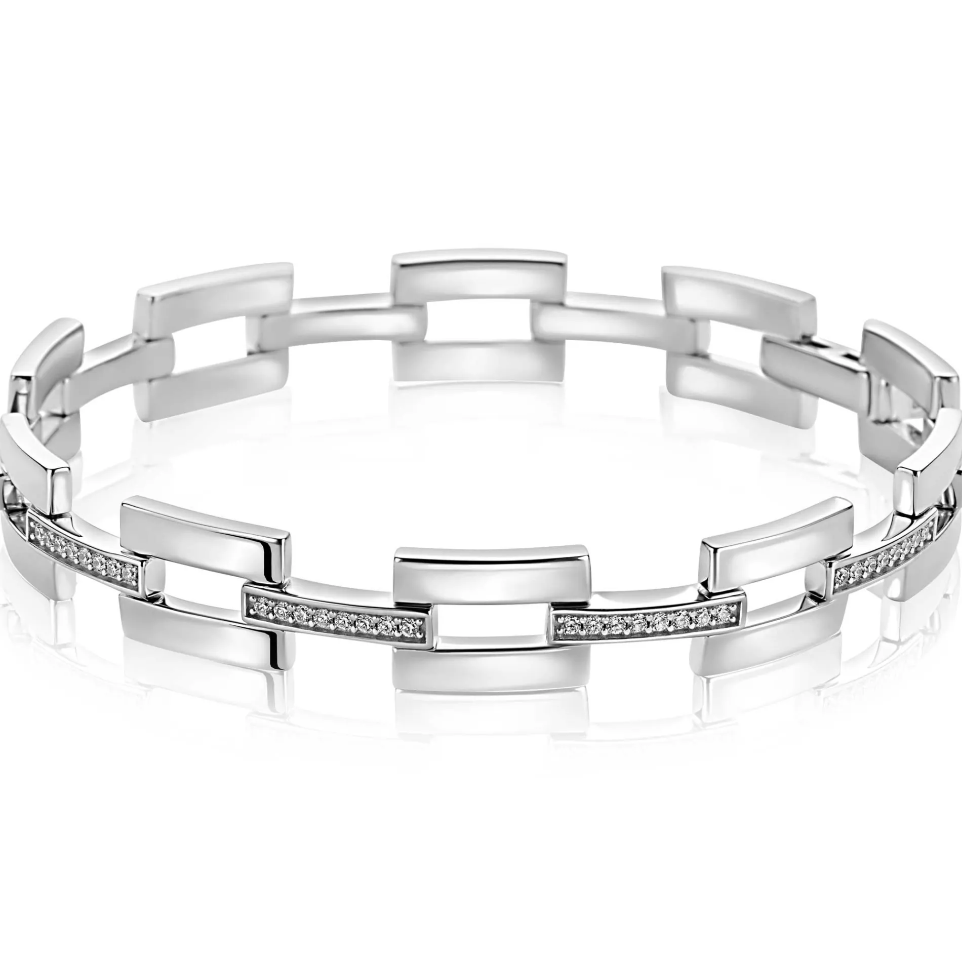 Mart Visser by ZINZI zilveren schakel armband 9mm met rechthoekige schakels, bezet met witte zirkonia's MVA27