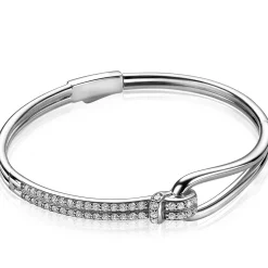 Mart Visser by ZINZI zilveren bangle armband 12mm breed geknoopte vorm bezet met witte zirconia's MVA19