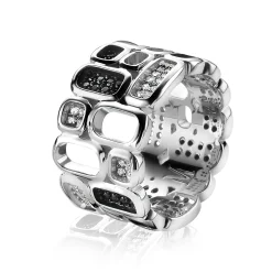 Mart Visser by ZINZI zilveren ring breed wit zwart 12mm MVR3Z