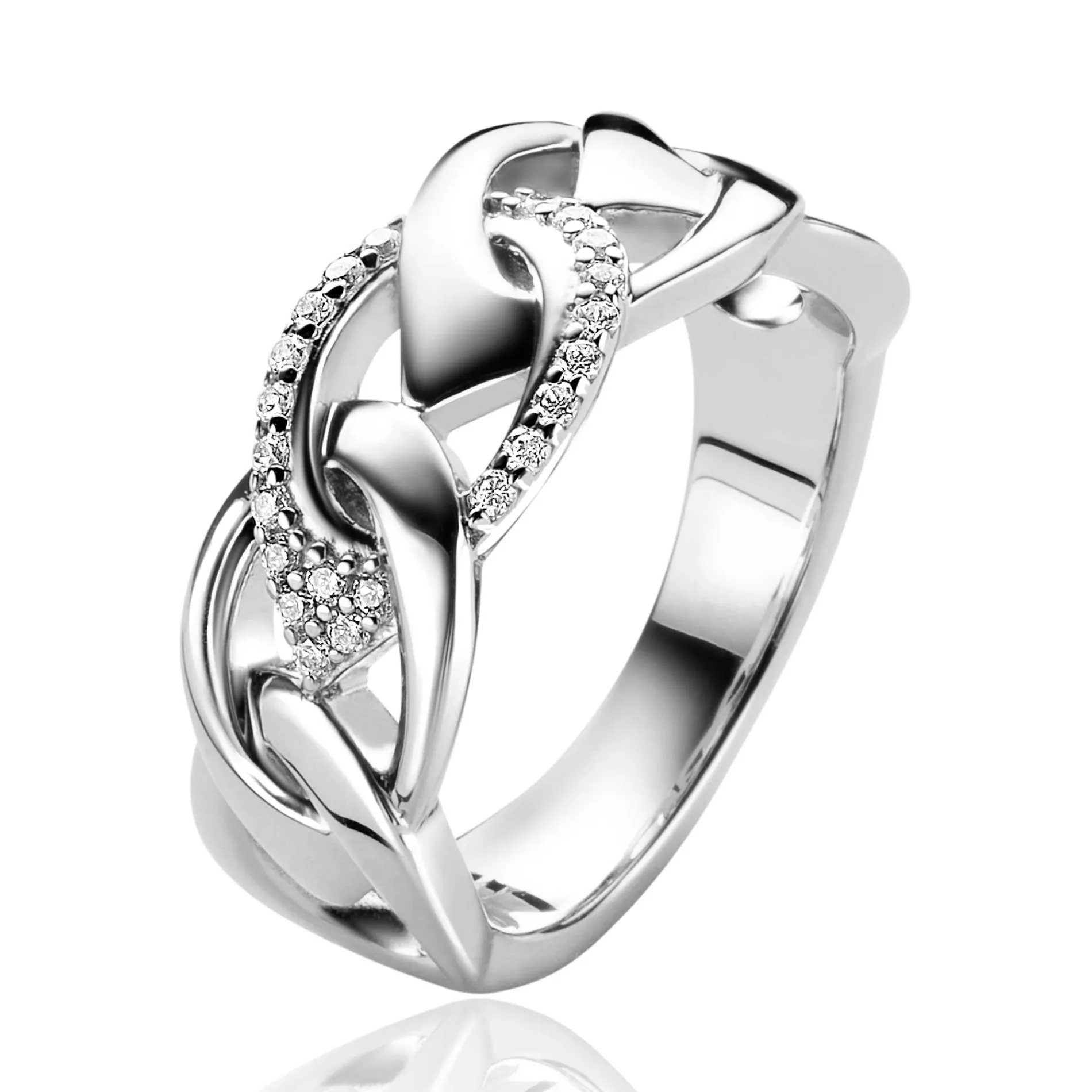 Mart Visser by ZINZI zilveren ring 9mm breed, met open peervormige schakels, bezet met witte zirconia's MVR24