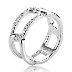 Mart Visser by ZINZI zilveren schakel ring 8mm breed en rechthoekige schakel bezet met witte zirkonia's MVR28