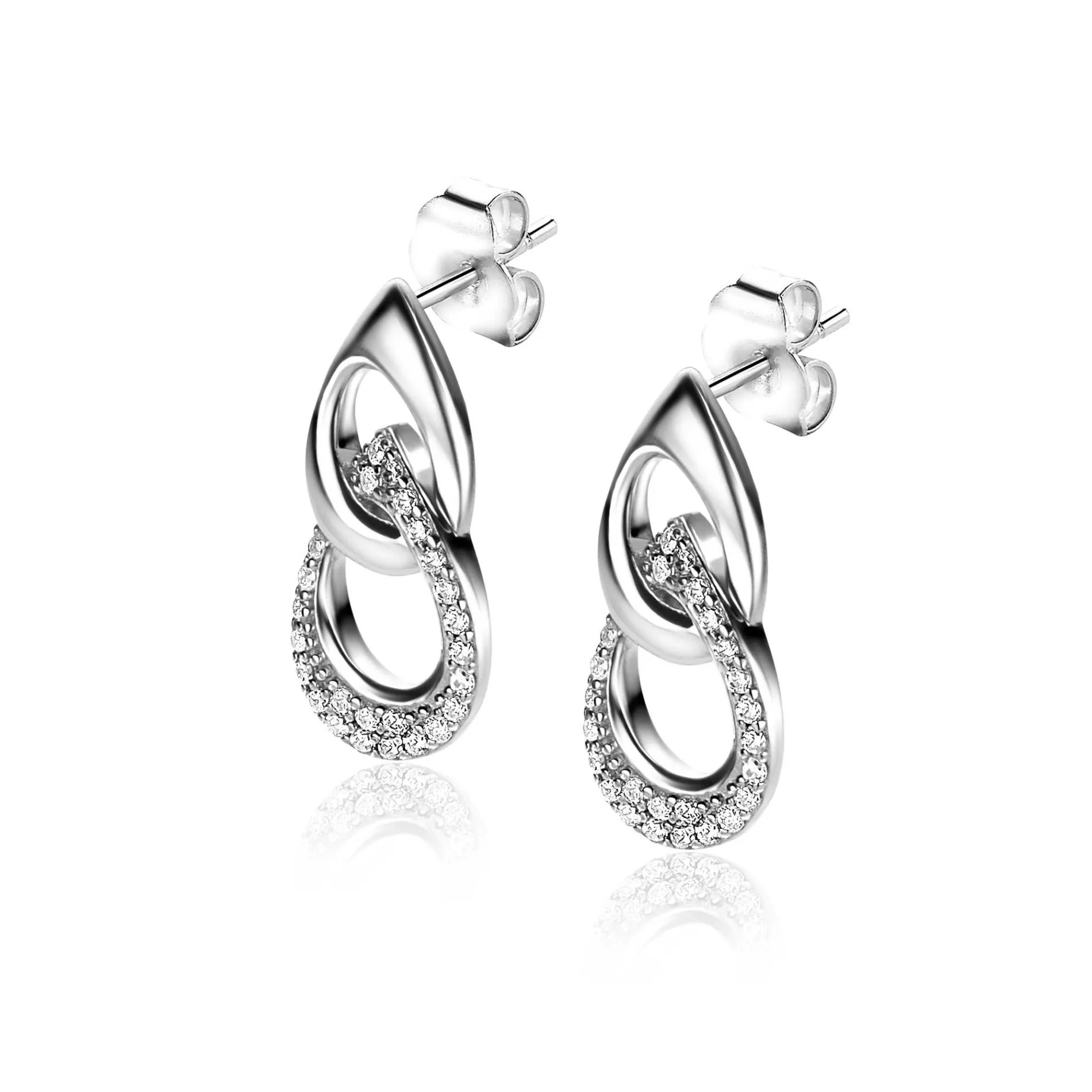 20mm Mart Visser by ZINZI zilveren oorstekers met twee open peervormige schakels en bezet met witte zirconia's MVO24