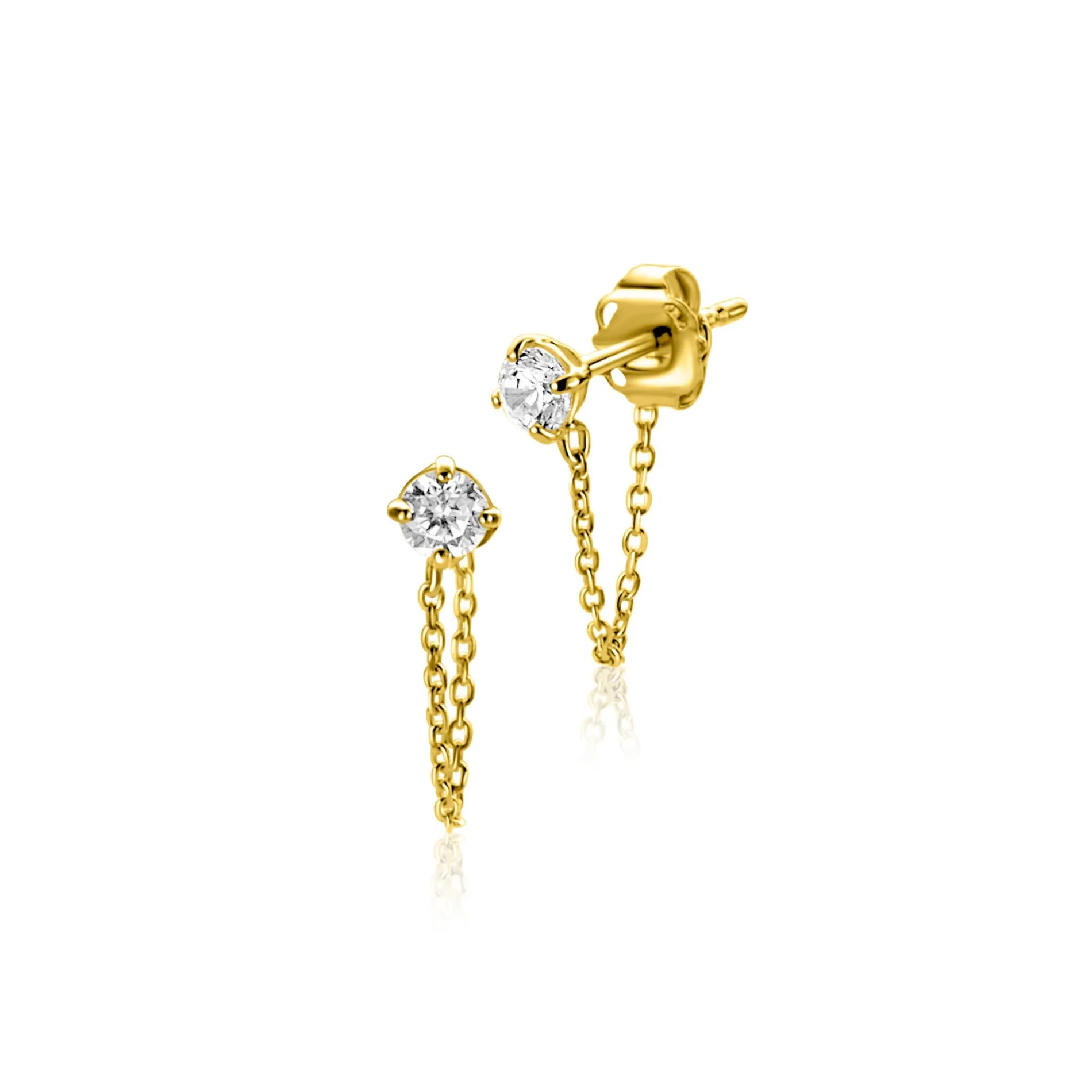 12mm ZINZI Gold 14 krt gouden oorstekers met ketting en ronde witte zirkonia ZGO552