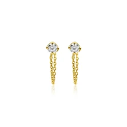 12mm ZINZI Gold 14 krt gouden oorstekers met ketting en ronde witte zirkonia ZGO552