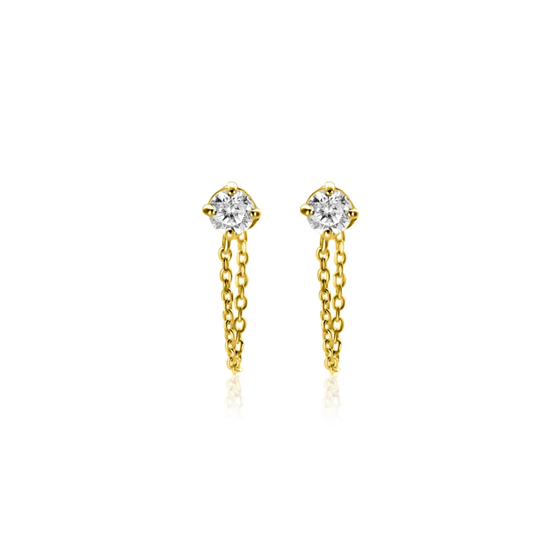 12mm ZINZI Gold 14 krt gouden oorstekers met ketting en ronde witte zirkonia ZGO552