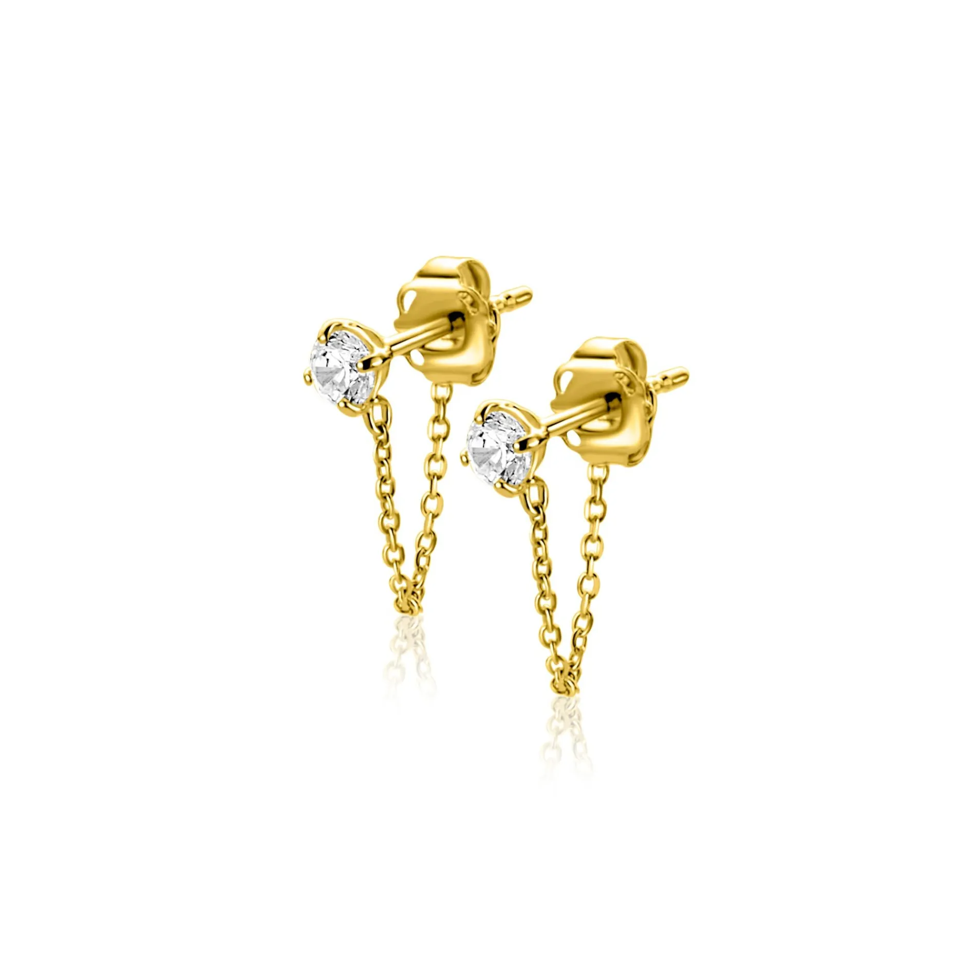 12mm ZINZI Gold 14 krt gouden oorstekers met ketting en ronde witte zirkonia ZGO552