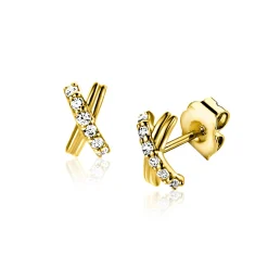 6mm ZINZI Gold 14 krt gouden oorstekers met X-vorm, bezet met witte zirkonia's ZGO549