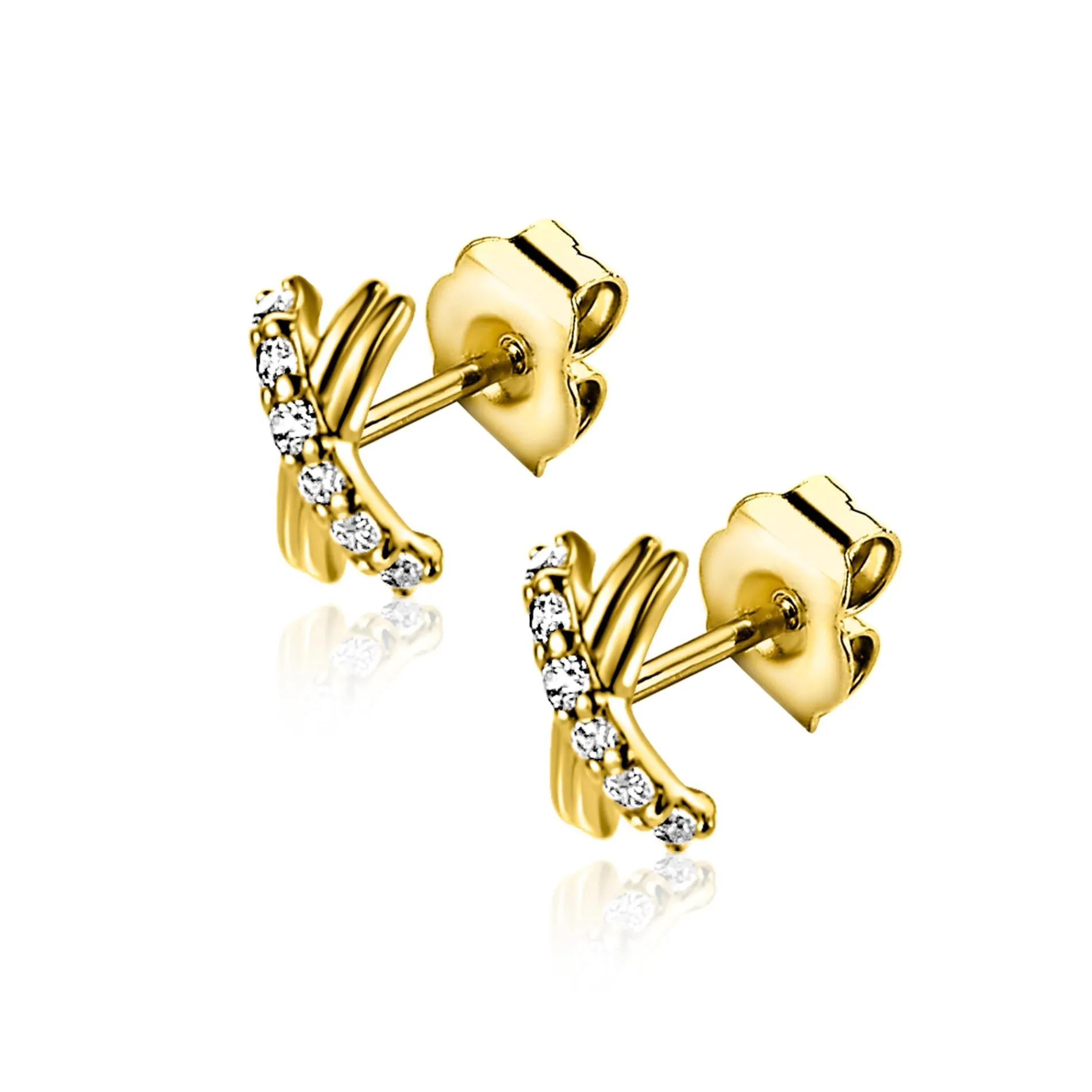 6mm ZINZI Gold 14 krt gouden oorstekers met X-vorm, bezet met witte zirkonia's ZGO549