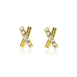 6mm ZINZI Gold 14 krt gouden oorstekers met X-vorm, bezet met witte zirkonia's ZGO549