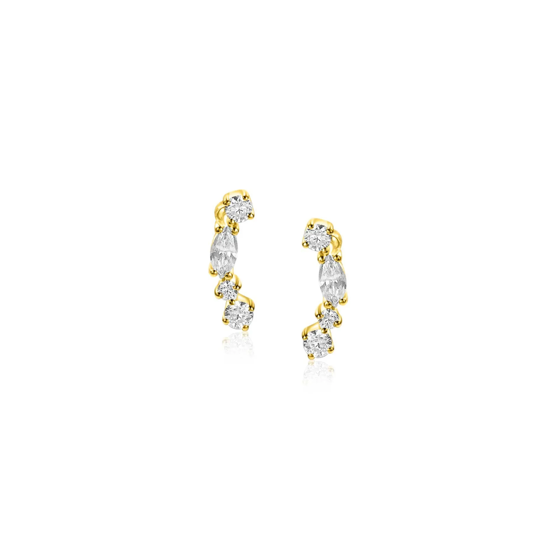 10mm ZINZI Gold 14 krt gouden fantasie oorstekers bezet met vierkante en peervormige witte zirconia's ZGO464
