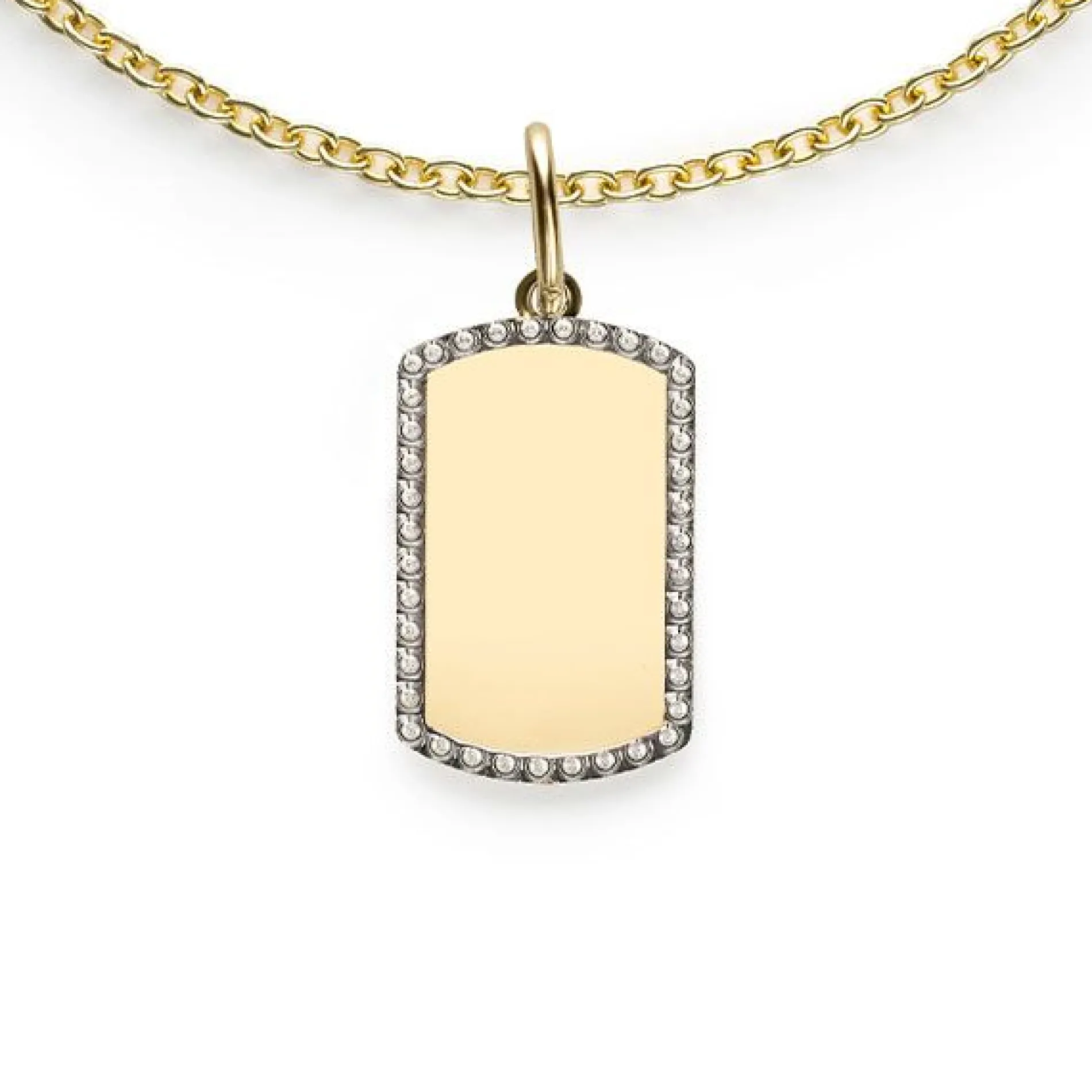 14mm ZINZI Gold 14 krt gouden graveerplaat in rechthoeksvorm van 14 x 9mm en met chique witgouden parelrand ZGH365-14 (zonder collier)