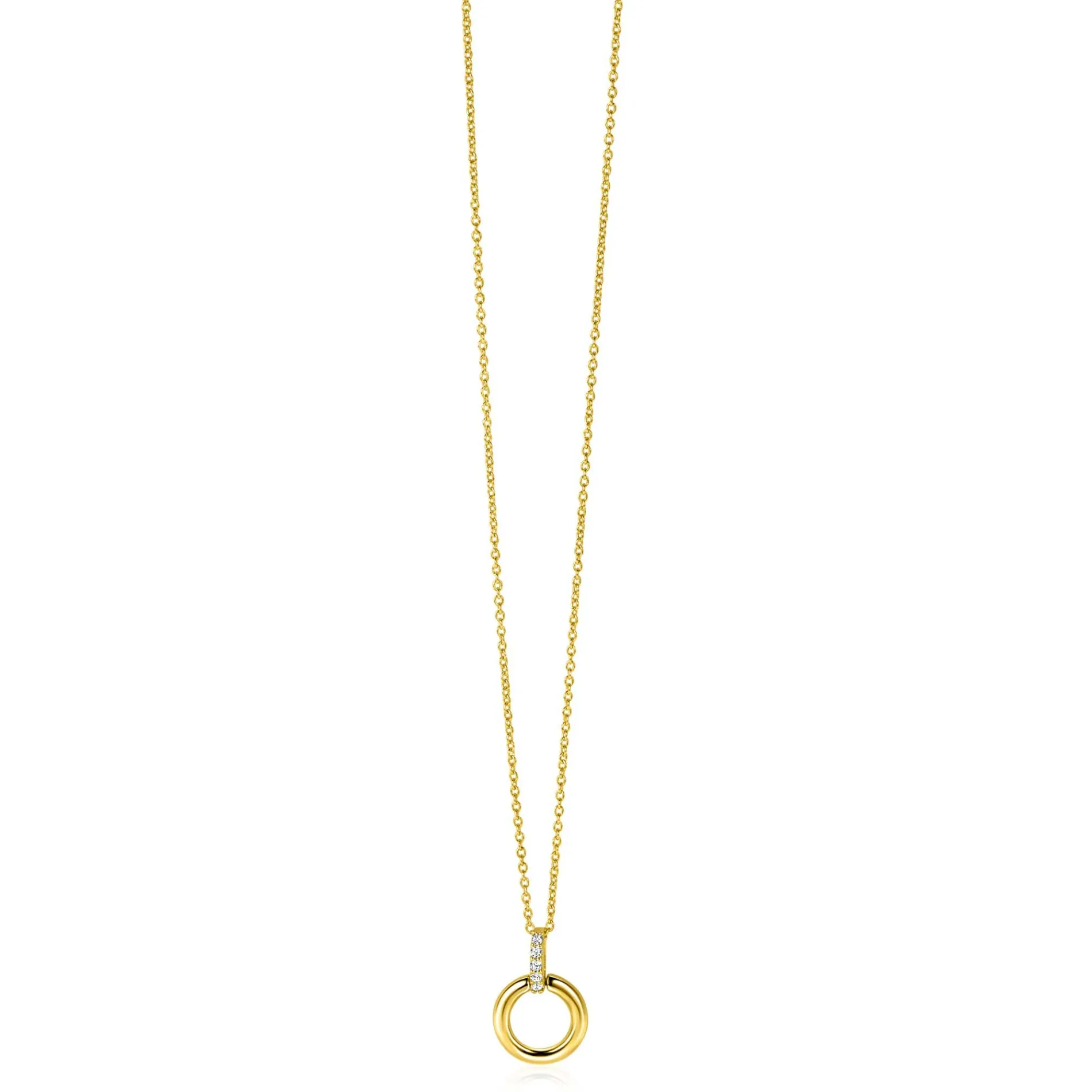 12mm ZINZI Gold 14 krt gouden ronde hanger met luxe opvallend hangoog, bezet met witte zirkonia's ZGH512 (zonder collier)