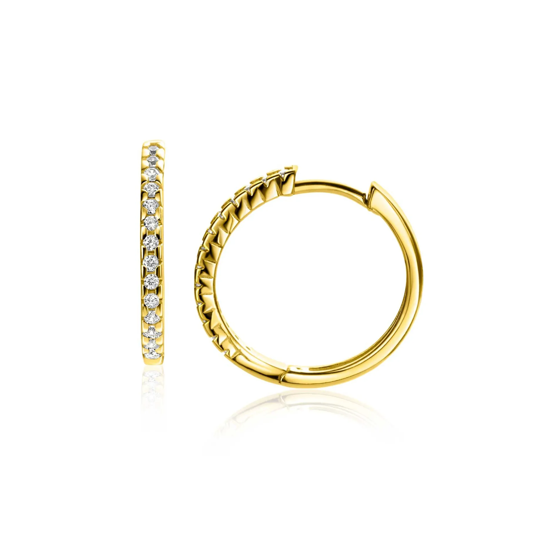 17mm ZINZI Gold 14 krt gouden oorringen bezet met witte zirconia's met luxe klapsluiting 17mm x 1,7mm vierkante buis ZGO506