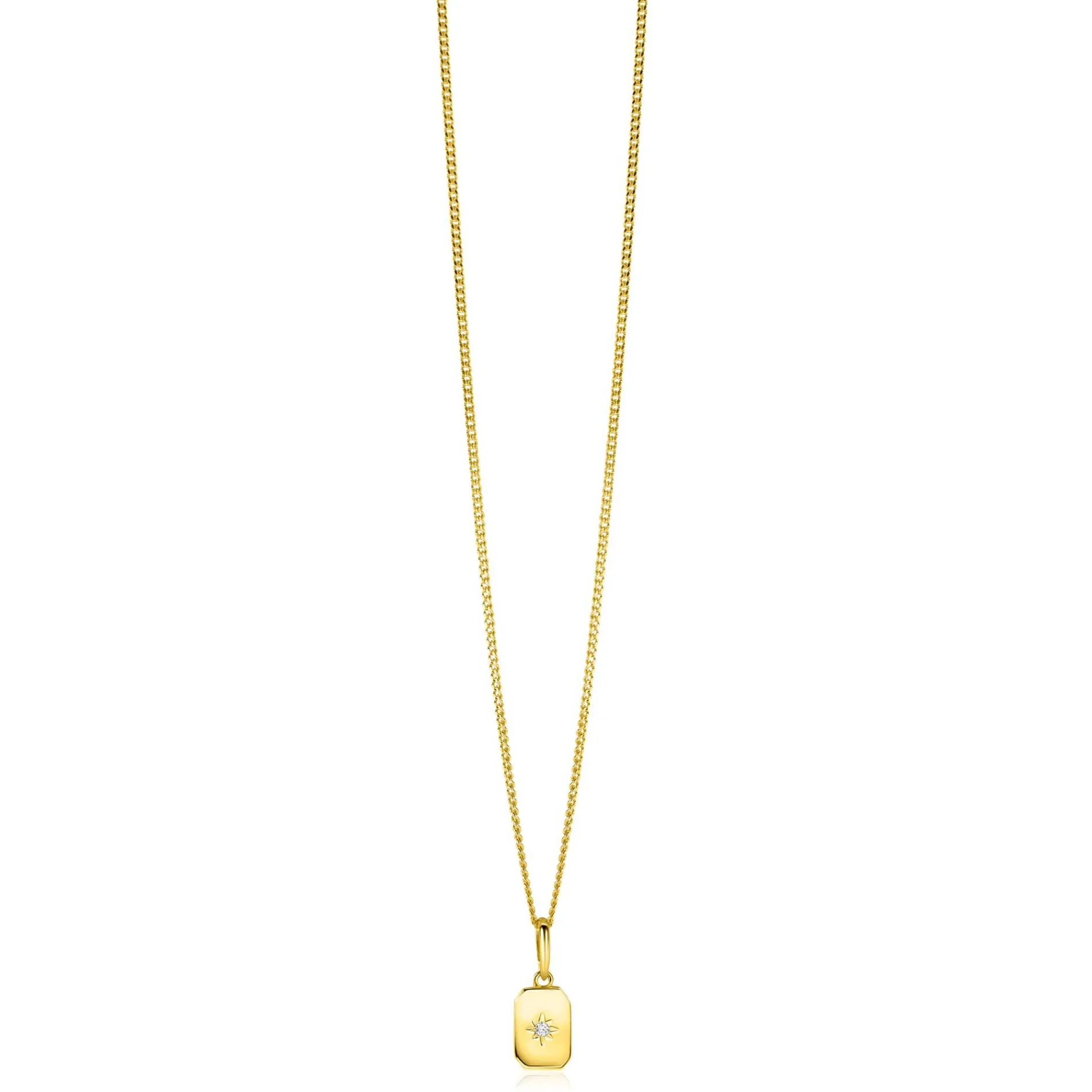 14mm ZINZI Gold 14 krt gouden hanger met rechthoekig plaatje en sterzetting witte zirkonia ZGH510 (zonder collier)