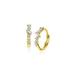 13mm ZINZI Gold 14 krt gouden oorringen met rechthoekige baguette geslepen zirkonia en zes ronde witte zirkonia's, met luxe klapsluiting 13 x 2mm ZGO528