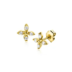 5mm ZINZI Gold 14 krt gouden fantasie oorknoppen in bloemvorm, bezet met vier ronde witte zirkonia's ZGO519