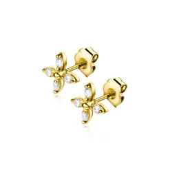 5mm ZINZI Gold 14 krt gouden fantasie oorknoppen in bloemvorm, bezet met vier ronde witte zirkonia's ZGO519