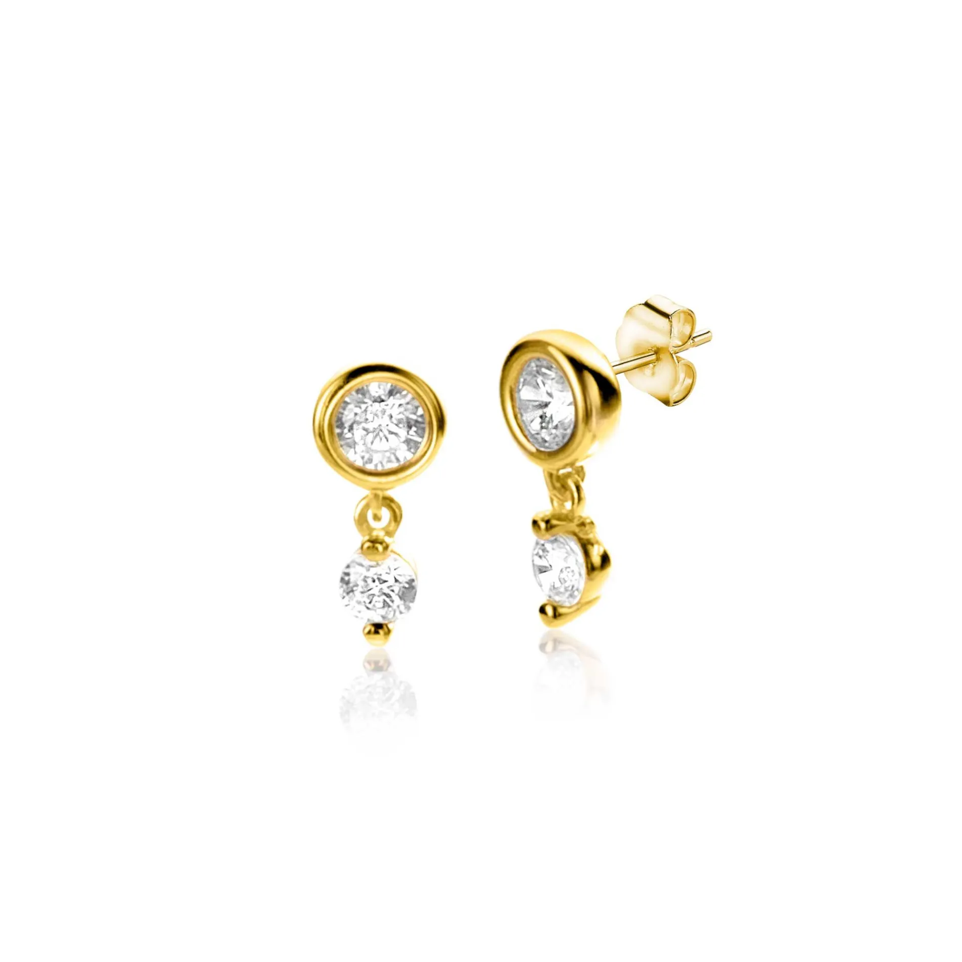 9mm ZINZI Gold 14 krt gouden ronde oorstekers met bungelend een kleinere witte zirconia ZGO371