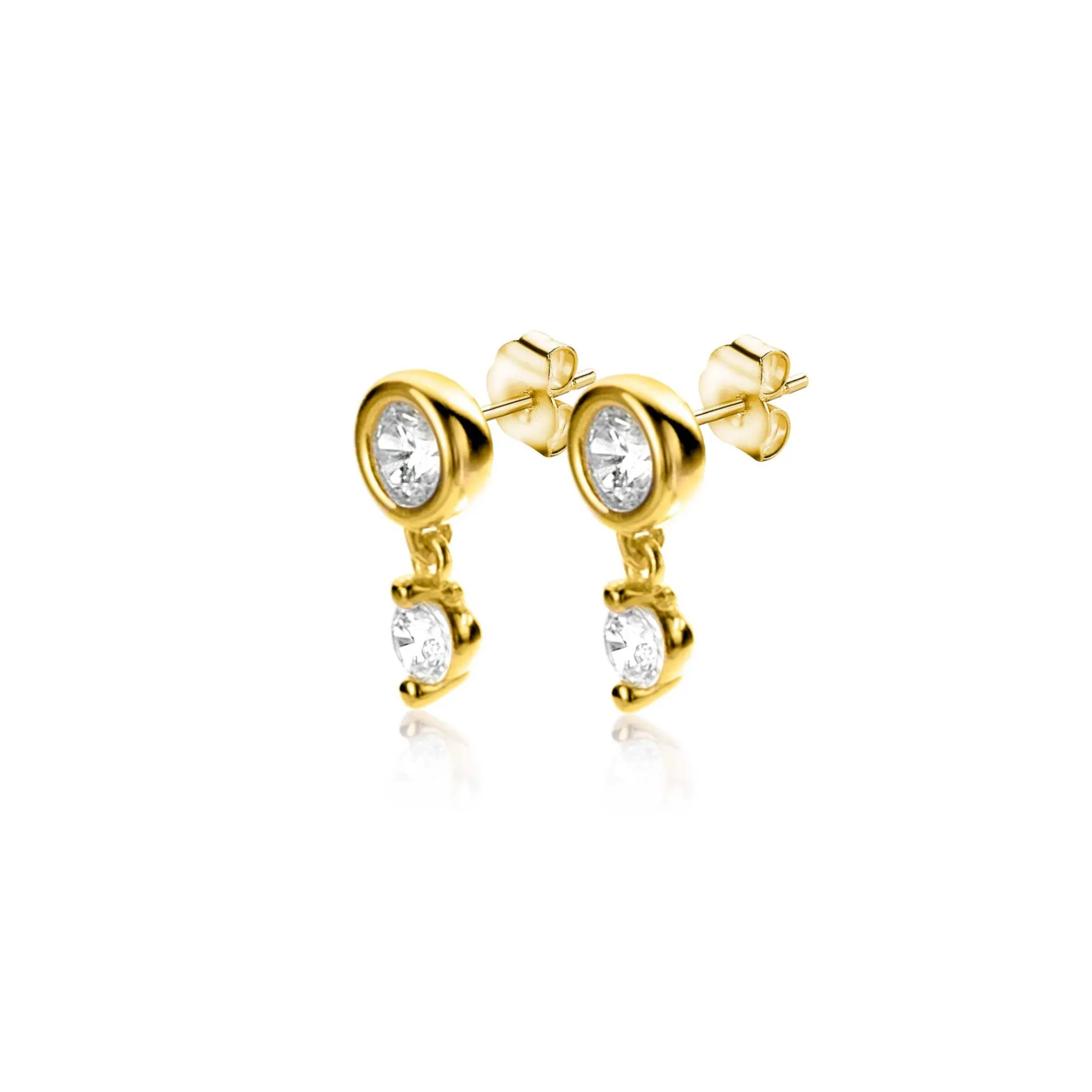 9mm ZINZI Gold 14 krt gouden ronde oorstekers met bungelend een kleinere witte zirconia ZGO371