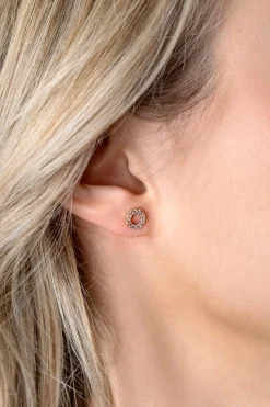 7mm ZINZI Gold 14 krt gouden oorknoppen open rondje bezet met witte zirconia's ZGO456