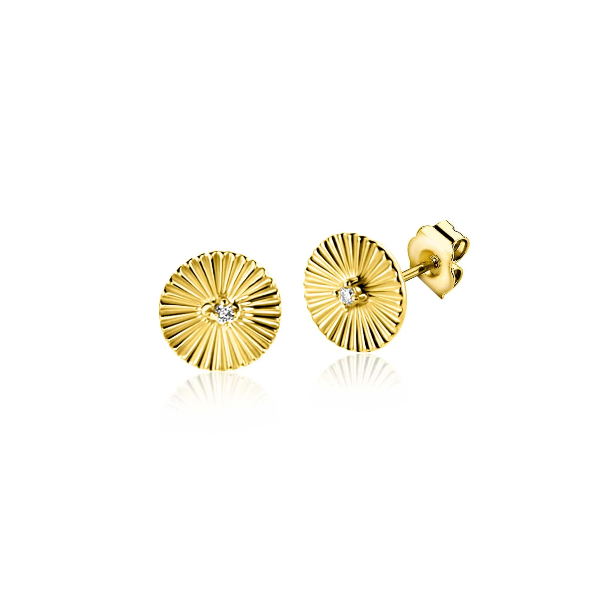6mm ZINZI Gold 14 krt gouden oorstekers rond met zonnestralen en witte zirkonia ZGO542 (zonder collier)