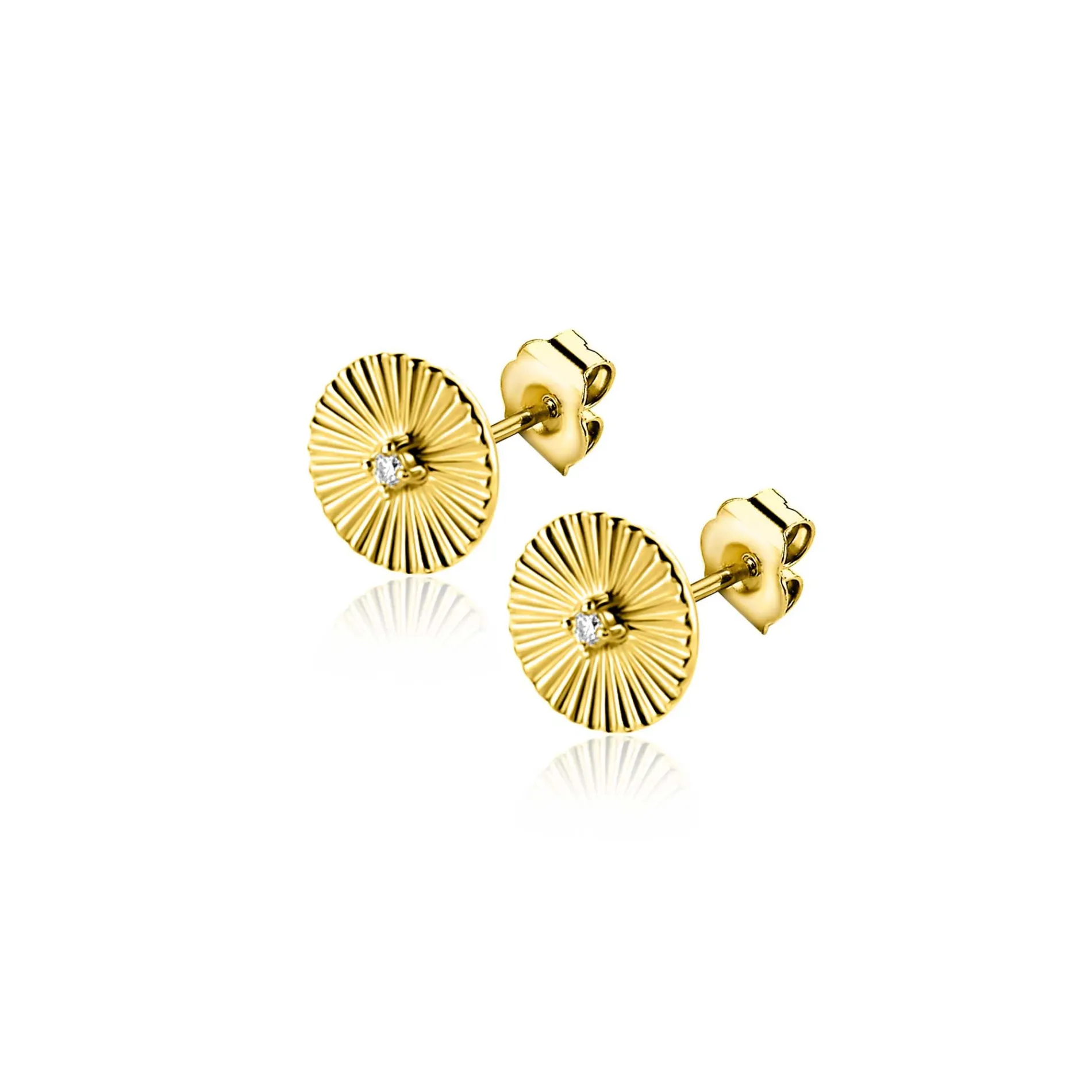 6mm ZINZI Gold 14 krt gouden oorstekers rond met zonnestralen en witte zirkonia ZGO542 (zonder collier)