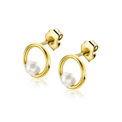 8mm ZINZI Gold 14 krt gouden oorstekers met open ronde vorm, bezet met een kleine witte parel ZGO418