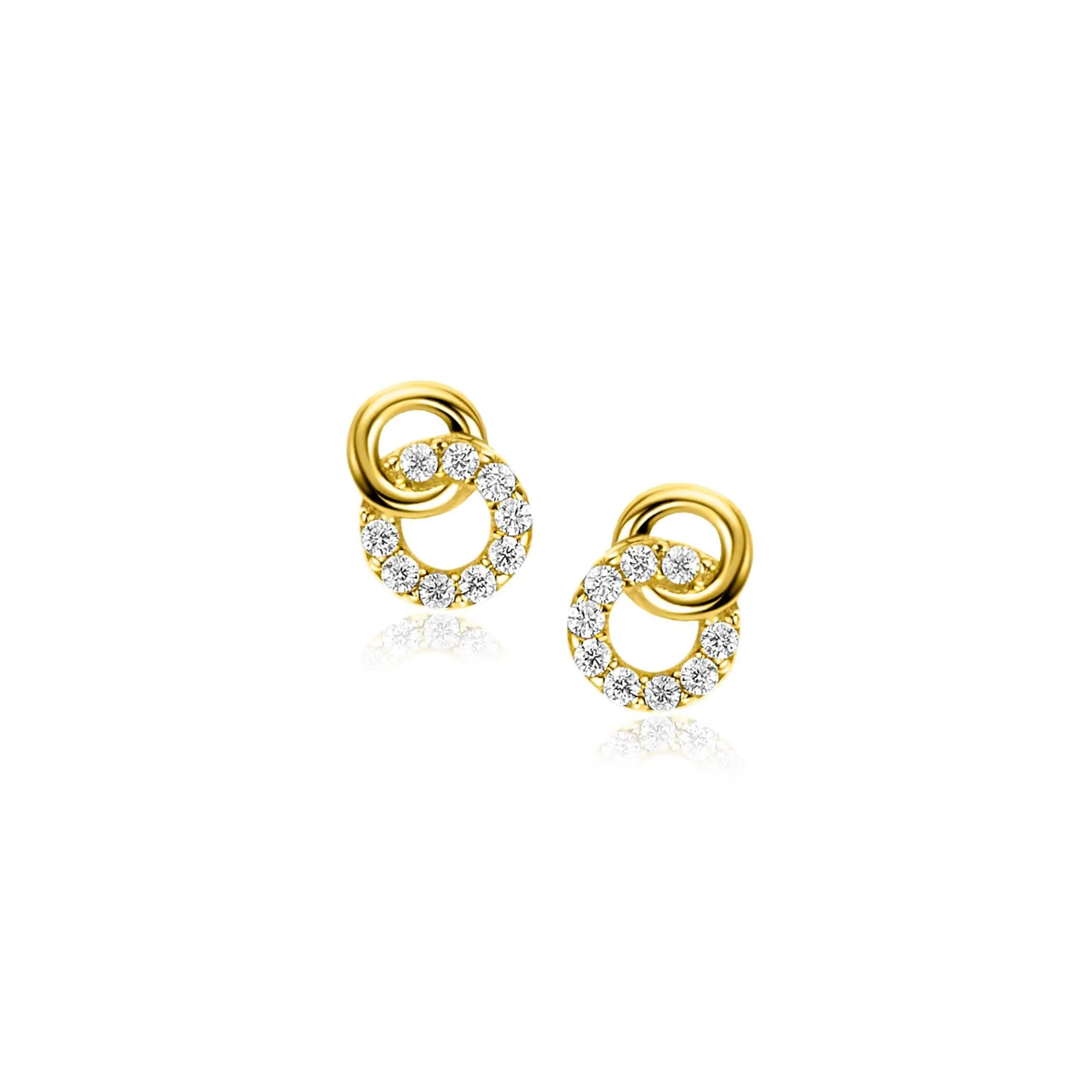 6,5mm ZINZI Gold 14 krt gouden oorstekers verbonden open rondjes, glad en bezet met witte zirconia's ZGO471