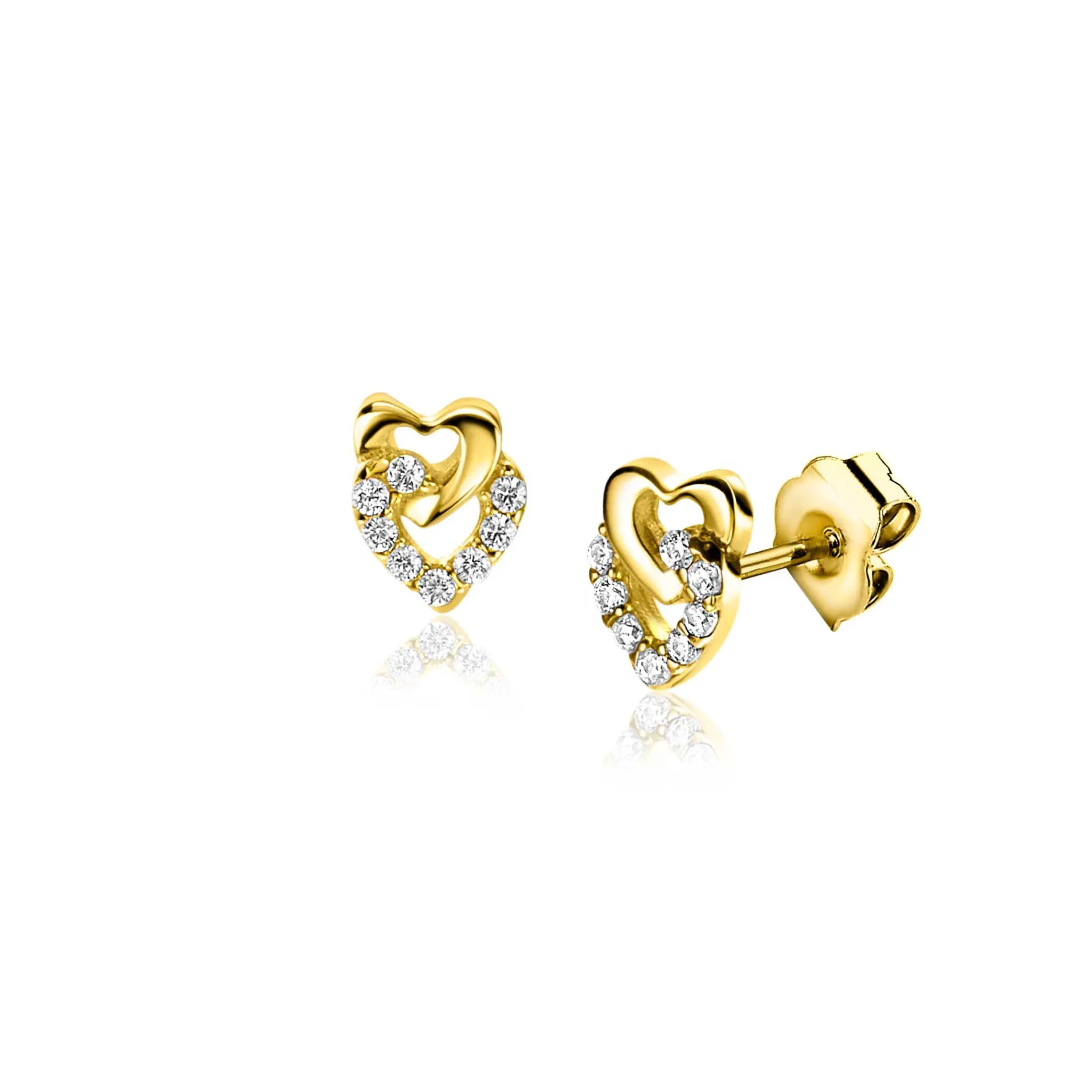 6mm ZINZI Gold 14 krt gouden oorstekers verbonden open hartjes, glad en bezet met witte zirconia's ZGO472