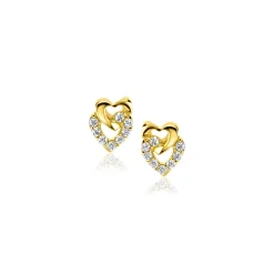 6mm ZINZI Gold 14 krt gouden oorstekers verbonden open hartjes, glad en bezet met witte zirconia's ZGO472