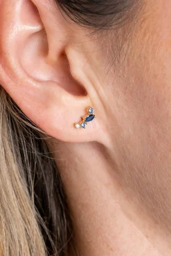 9mm ZINZI Gold 14 krt gouden fantasie oorstekers bezet met witte, lichtblauwe en donkerblauwe zirconia's ZGO381