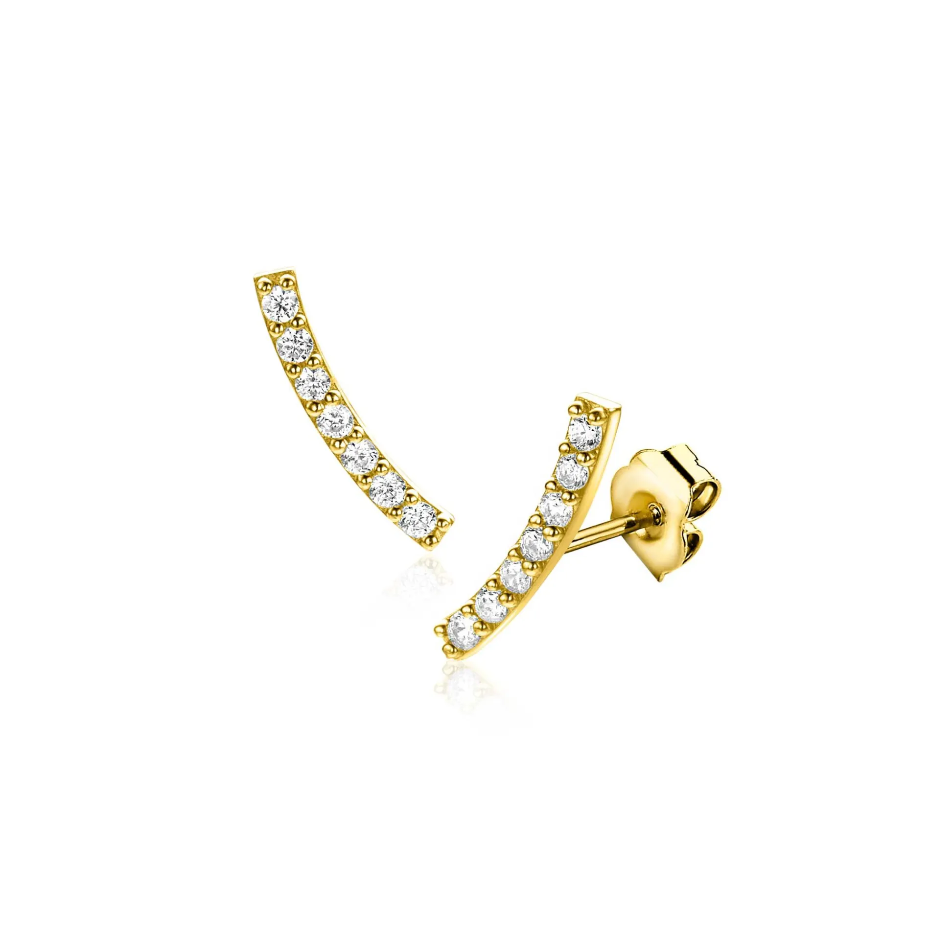 11mm ZINZI Gold 14 krt gouden oorknoppen in kwart cirkel, bezet met zeven witte zirkonia's ZGO517