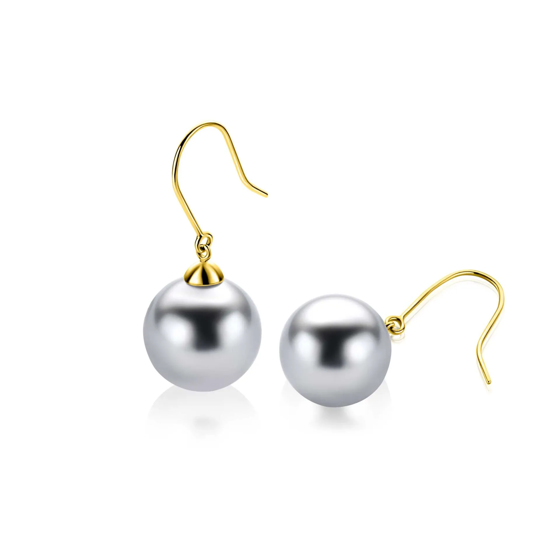 30mm ZINZI Gold 14 krt gouden oorhangers met ronde grijze Swarovski crystal parel 12mm ZGO25GR