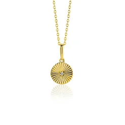 14mm ZINZI Gold 14 krt gouden hanger rond met zonnestralen en witte zirkonia ZGH542 (zonder collier)