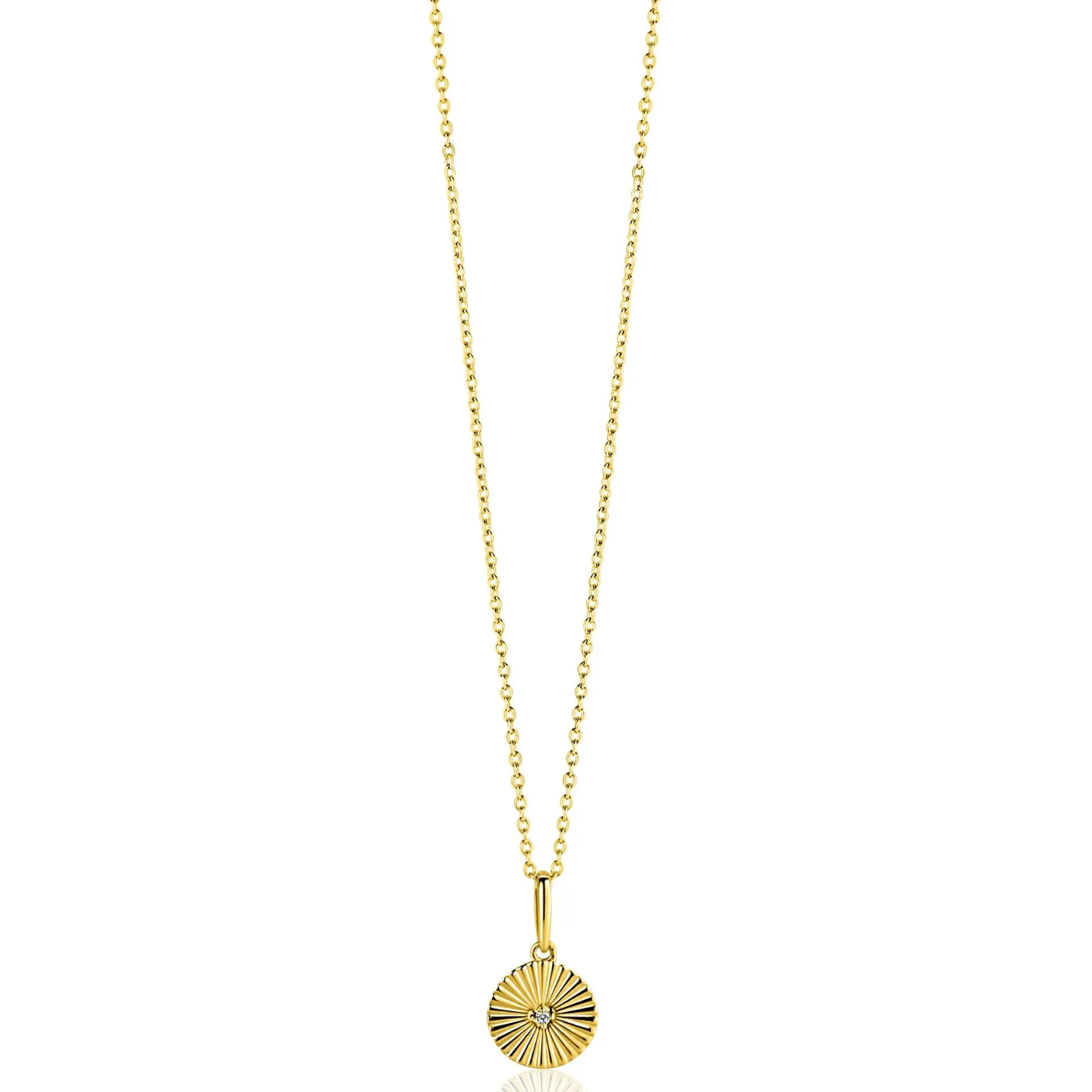 14mm ZINZI Gold 14 krt gouden hanger rond met zonnestralen en witte zirkonia ZGH542 (zonder collier)
