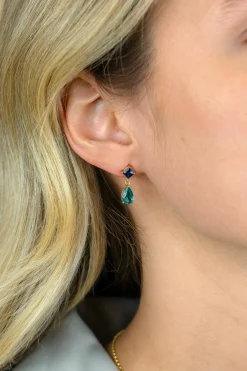 17,5mm ZINZI gold plated zilveren oorstekers turquoise peer en blauwe ruitvorm ZIO2745