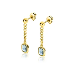 25mm ZINZI gold plated zilveren oorstekers met gourmet kettinkje en vierkante zetting bezet met indigo blauwe kleursteen ZIO2417G