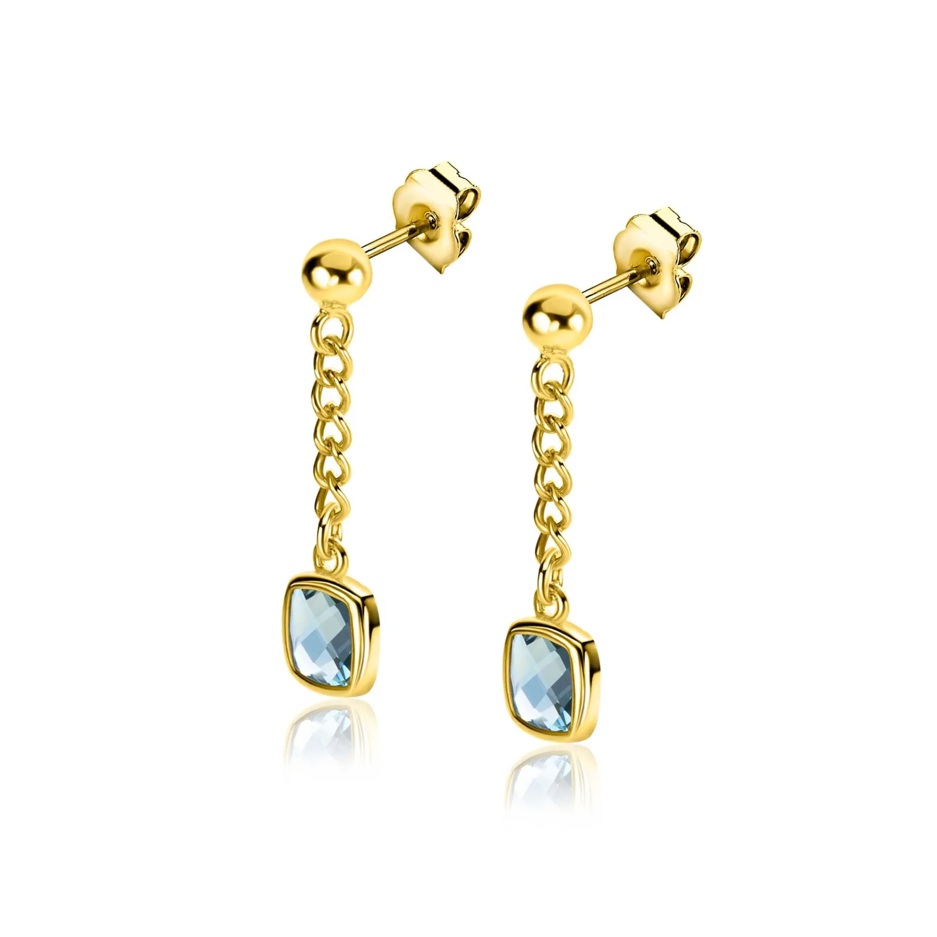 25mm ZINZI gold plated zilveren oorstekers met gourmet kettinkje en vierkante zetting bezet met indigo blauwe kleursteen ZIO2417G