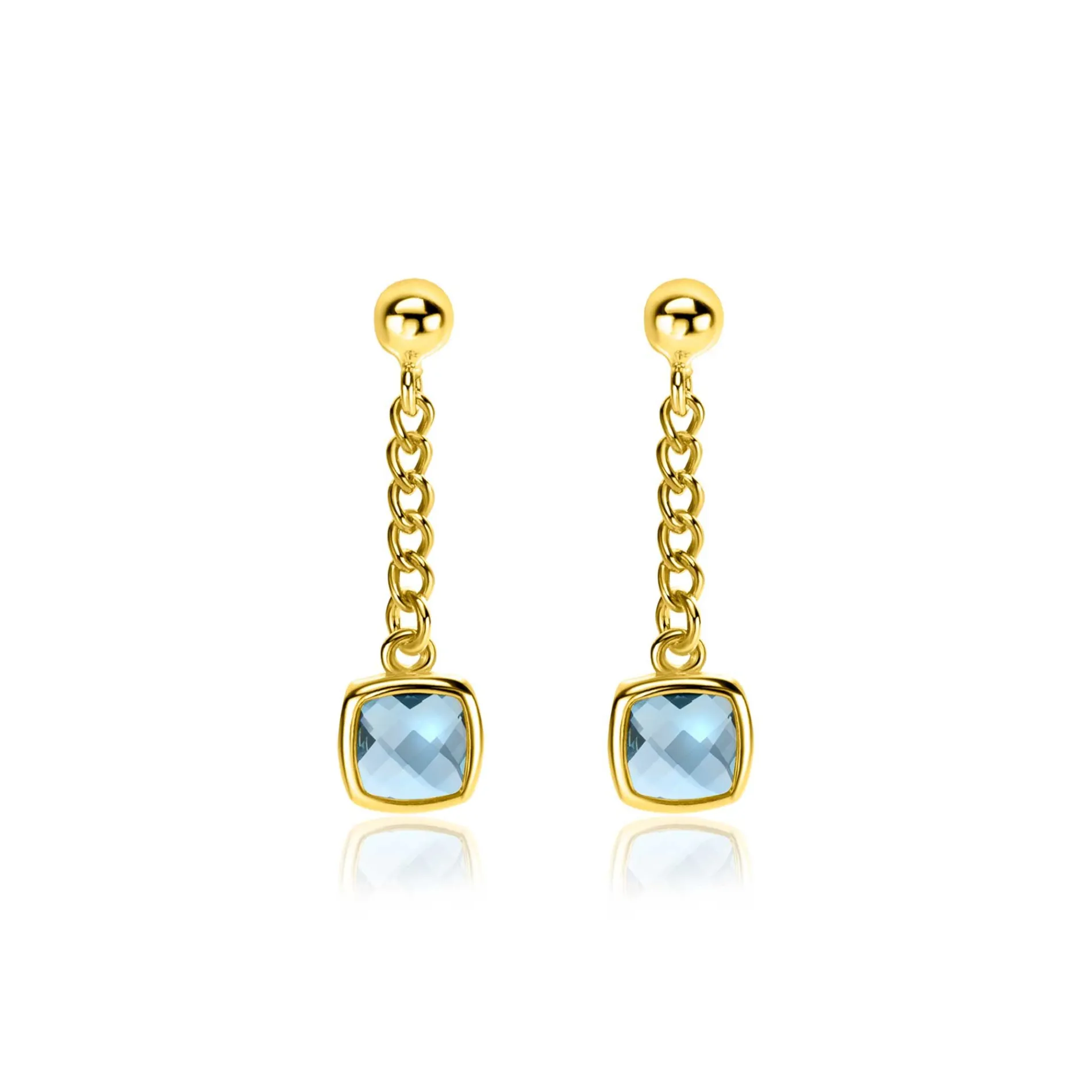 25mm ZINZI gold plated zilveren oorstekers met gourmet kettinkje en vierkante zetting bezet met indigo blauwe kleursteen ZIO2417G