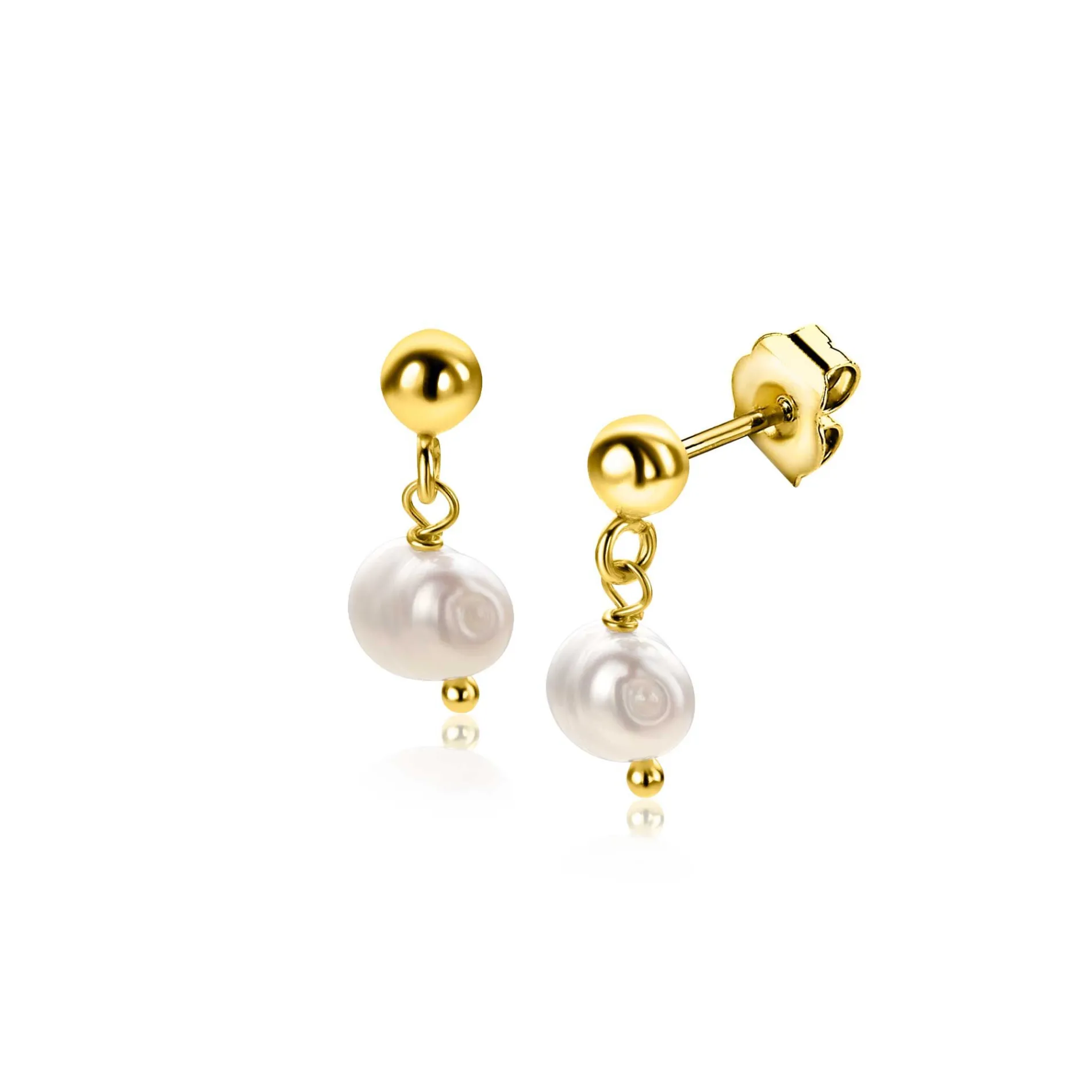 15mm ZINZI gold plated zilveren oorstekers met bungelend witte zoetwaterparel 6mm in organische vorm ZIO2643