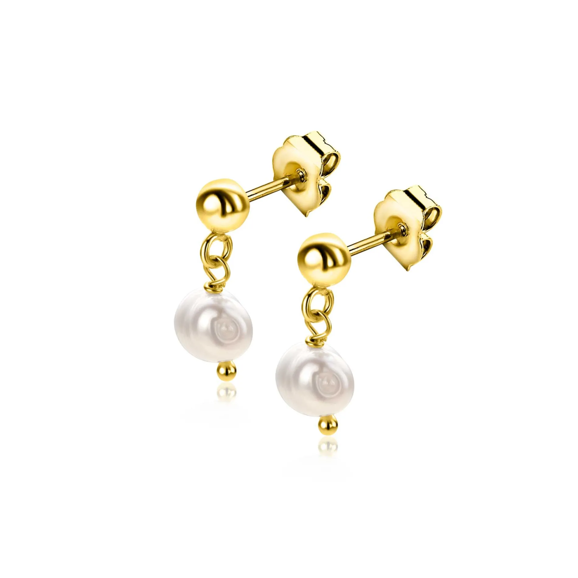 15mm ZINZI gold plated zilveren oorstekers met bungelend witte zoetwaterparel 6mm in organische vorm ZIO2643