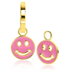 15mm ZINZI gold plated zilveren ronde smiley oorbedels, bezet met trendy roze emaille ZICH2312R (zonder oorringen)
