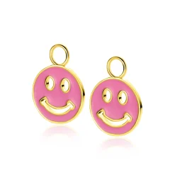 15mm ZINZI gold plated zilveren ronde smiley oorbedels, bezet met trendy roze emaille ZICH2312R (zonder oorringen)