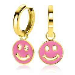 15mm ZINZI gold plated zilveren ronde smiley oorbedels, bezet met trendy roze emaille ZICH2312R (zonder oorringen)
